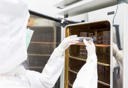 Cellipont Bioservices technician working in a GMP cleanroom environment, placing cell culture flasks into a controlled incubator.